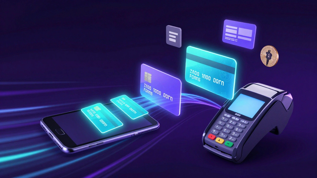 Abstract flow of encrypted tokens and financial data between device and payment terminal.