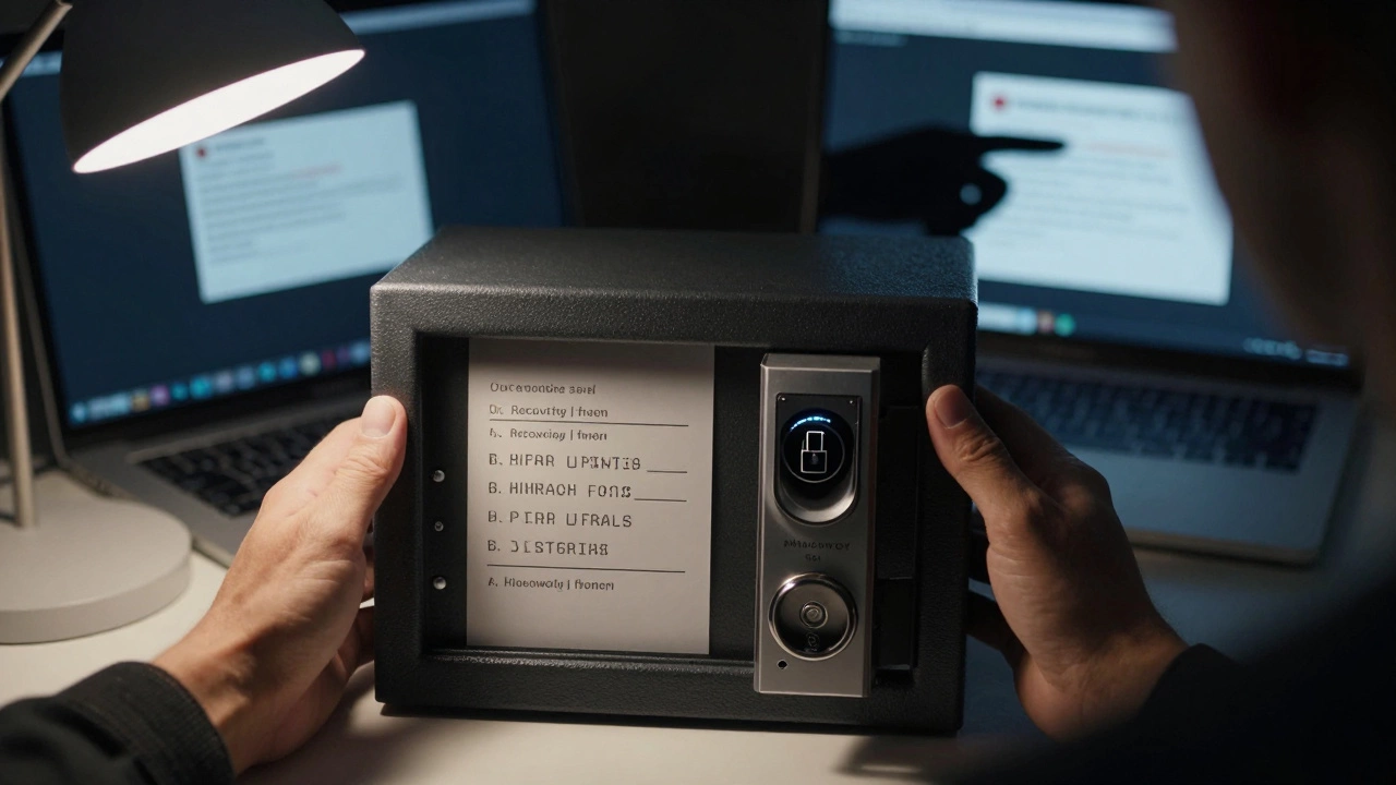 Person holding hardware crypto wallet next to secure recovery phrase, phishing email in background.